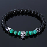 Men/Women Stretchable Gemstone Bracelet Matte Black Onyx Malachite Gemstone S925 Sterling Silver Skull Spacer DiyNotion BR247