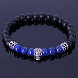 Men's Women Matte Black Onyx Lapis 925 Sterling Silver Bracelet Skull & Fleur de Lis Spacer DiyNotion BR249