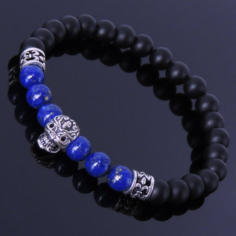Men's Women Matte Black Onyx Lapis 925 Sterling Silver Bracelet Skull & Fleur de Lis Spacer DiyNotion BR249
