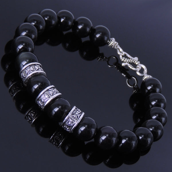 Men Women Black Obsidian Bracelet Handmade Gemstone 925 Sterling Silver Cross Spacer & Clasp DiyNotion BR162