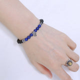 Men's Women Matte Black Onyx Lapis 925 Sterling Silver Bracelet Skull & Fleur de Lis Spacer DiyNotion BR249