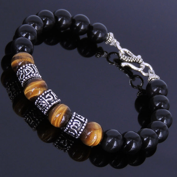 Handmade Men Women Healing Gemstone Bracelet Black Obsidian Tiger Eye S925 Sterling Silver Spacers & Clasp DiyNotion BR123