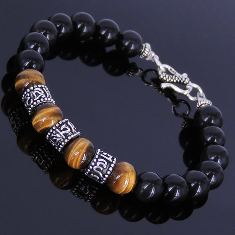 Handmade Men Women Healing Gemstone Bracelet Black Obsidian Tiger Eye S925 Sterling Silver Spacers & Clasp DiyNotion BR123