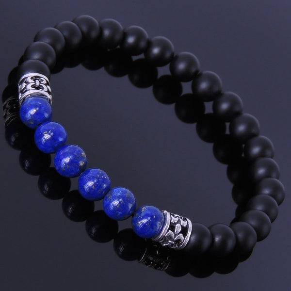 Men's Women Matte Black Onyx Lapis Sterling Silver Bracelet Gemstone Fleur de Lis Spacer DiyNotion Handmade BR251