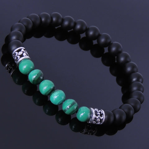 Men Women Malachite Bracelet Matte Black Onyx Gemstone 925 Sterling Silver Celtic Bead DiyNotion BR252