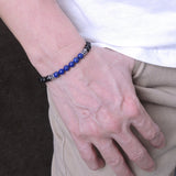 Men's Women Matte Black Onyx Lapis Sterling Silver Bracelet Gemstone Fleur de Lis Spacer DiyNotion Handmade BR251