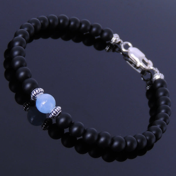 Mens Women Aquamarine Matte Black Onyx Bracelet Sterling Silver 925 Clasp DiyNotion Handmade BR209