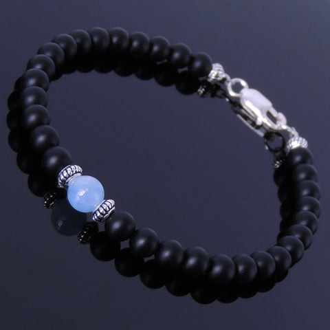 Mens Women Aquamarine Matte Black Onyx Bracelet Sterling Silver 925 Clasp DiyNotion Handmade BR209