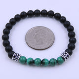 Men Women Malachite Bracelet Matte Black Onyx Gemstone 925 Sterling Silver Celtic Bead DiyNotion BR252