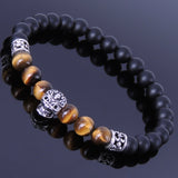 Men's Women Matte Black Onyx Tiger Eye Sterling Silver Skull Bracelet 925 Fleur de Lis Spacer DiyNotion Handmade BR253