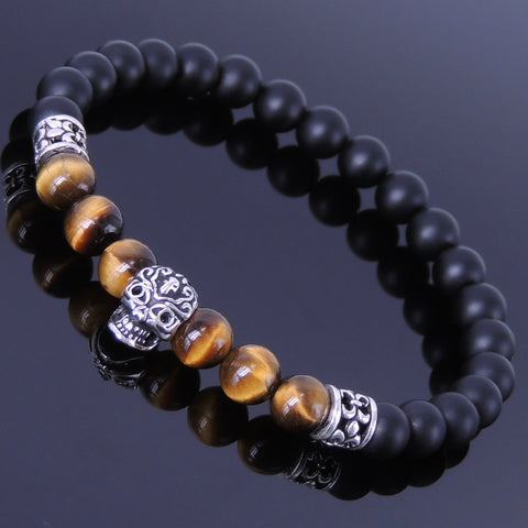Men's Women Matte Black Onyx Tiger Eye Sterling Silver Skull Bracelet 925 Fleur de Lis Spacer DiyNotion Handmade BR253