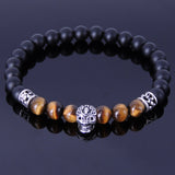 Men's Women Matte Black Onyx Tiger Eye Sterling Silver Skull Bracelet 925 Fleur de Lis Spacer DiyNotion Handmade BR253