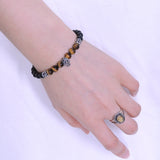 Men's Women Matte Black Onyx Tiger Eye Sterling Silver Skull Bracelet 925 Fleur de Lis Spacer DiyNotion Handmade BR253