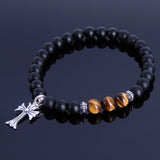 Men's Women Matte Black Onyx Tiger Eye Sterling Silver Bracelet 925 Cross Pendant DiyNotion Handmade BR255