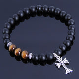 Men's Women Matte Black Onyx Tiger Eye Sterling Silver Bracelet 925 Cross Pendant DiyNotion Handmade BR255