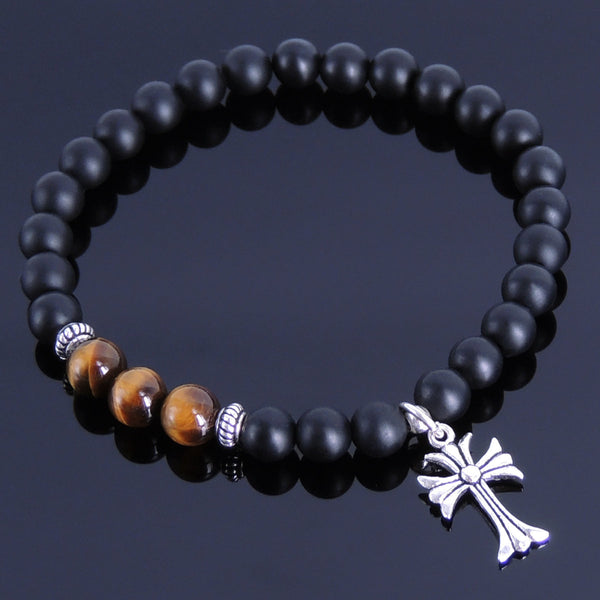 Men's Women Matte Black Onyx Tiger Eye Sterling Silver Bracelet 925 Cross Pendant DiyNotion Handmade BR255