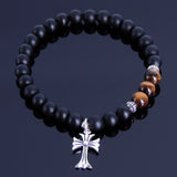 Men's Women Matte Black Onyx Tiger Eye Sterling Silver Bracelet 925 Cross Pendant DiyNotion Handmade BR255