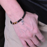 Men's Women Matte Black Onyx Tiger Eye Sterling Silver Bracelet 925 Cross Pendant DiyNotion Handmade BR255