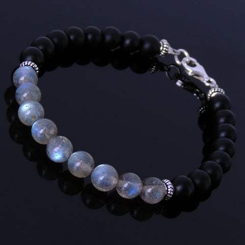 Handmade Men Women Bracelet Matte Black Onyx Labradorite 925 Sterling Silver Clasp DiyNotion BR161