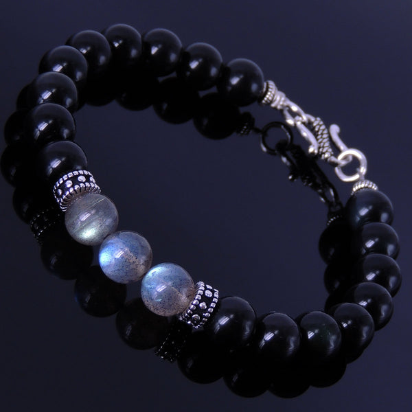 Black Obsidian Labradorite Sterling Silver Bracelet Gemstone 925 Bead Clasp Men Women DiyNotion Handmade BR134