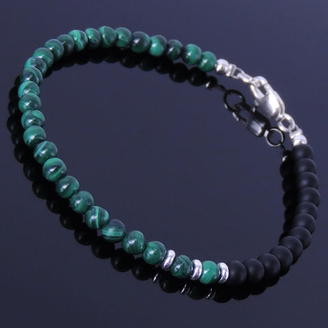 Handmade Men Women Gemstone Bracelet Matte Black Onyx Malachite 925 Sterling Silver Bead Clasp DiyNotion BR259