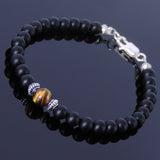 Men's Women Matte Black Onyx Tiger Eye Sterling Silver Bracelet Gemstone 925 Spacer & Clasp DiyNotion Handmade BR262