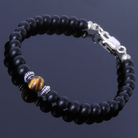 Men's Women Matte Black Onyx Tiger Eye Sterling Silver Bracelet Gemstone 925 Spacer & Clasp DiyNotion Handmade BR262
