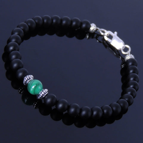 Handmade MenWomen Bracelet Matte Black Onyx Malachite 925 Sterling Silver Clasp DiyNotion BR264