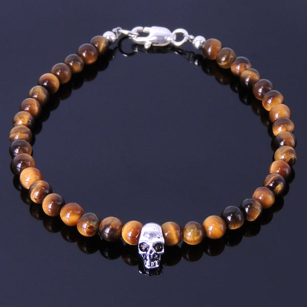Mens' Women Tiger Eye Sterling Silver Skull Bracelet 925 Sterling Silver Clasp Gemstone DiyNotion Handmade BR225
