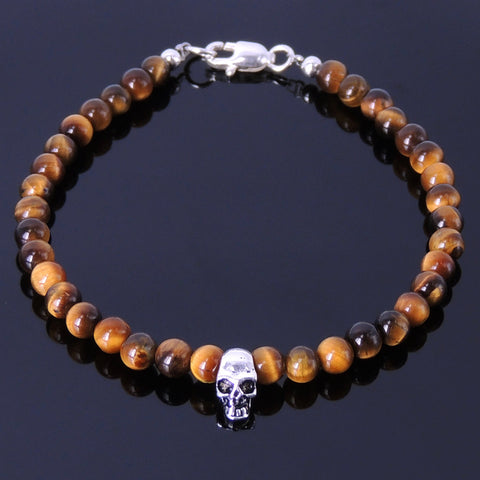 Mens' Women Tiger Eye Sterling Silver Skull Bracelet 925 Sterling Silver Clasp Gemstone DiyNotion Handmade BR225