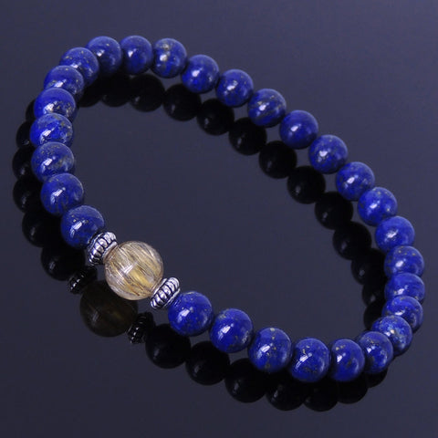 Men's Women Lapis Golden Rutilated Quartz Sterling Silver Bracelet Gemstone 925 Spacers DiyNotion Handmade BR267
