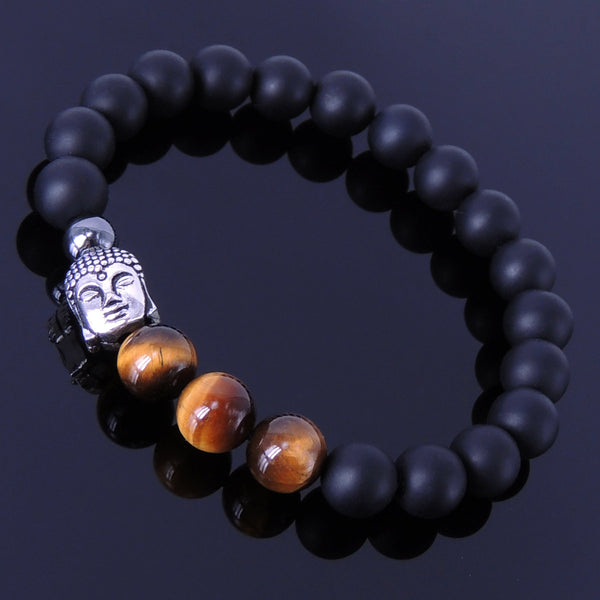 Handmade Men Women Gemstone Bracelet Matte Black Onyx Tiger Eye Hematite 925 Sterling Silver Buddha DiyNotion BR146E