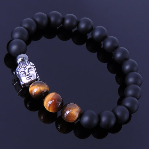 Handmade Men Women Gemstone Bracelet Matte Black Onyx Tiger Eye Hematite 925 Sterling Silver Buddha DiyNotion BR146E