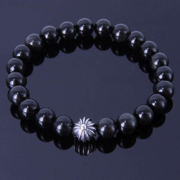 Men's Women Black Obsidian Bracelet Gemstone 925 Sterling Silver Cross Bead DiyNotion BR178