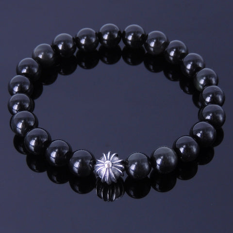 Men's Women Black Obsidian Bracelet Gemstone 925 Sterling Silver Cross Bead DiyNotion BR178