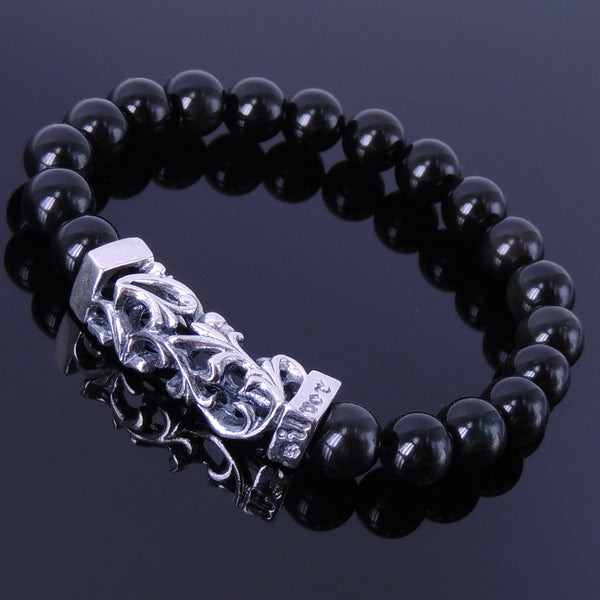Handmade Men Women Gemstone Bracelet Black Obsidian 925 Sterling Silver Charm DiyNotion BR269