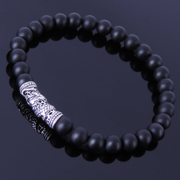 Men's Women Matte Black Onyx Sterling Silver Bracelet Dragon Charm DiyNotion Handmade BR270