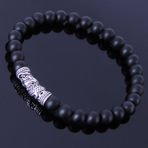 Men's Women Matte Black Onyx Sterling Silver Bracelet Dragon Charm DiyNotion Handmade BR270