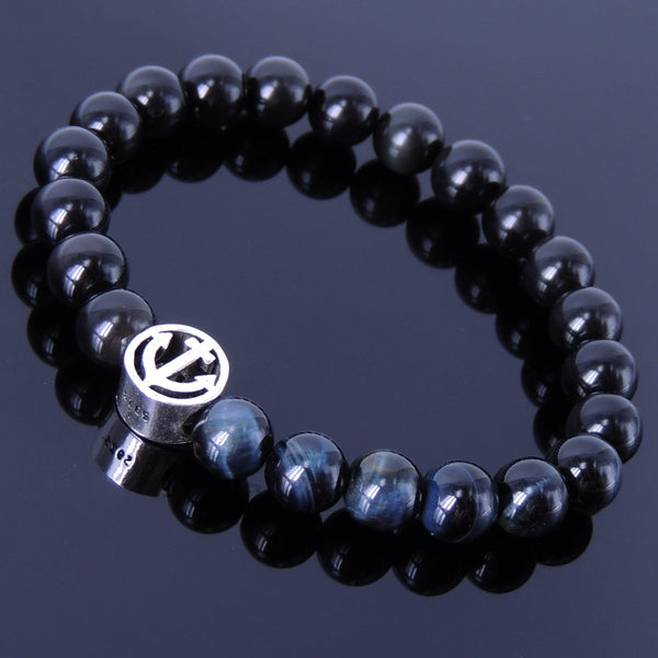 Men's Women Black Obsidian Blue Tiger Eye Sterling Silver Bracelet 925 Anchor Sailor Gemstone DiyNotion Handmade BR271