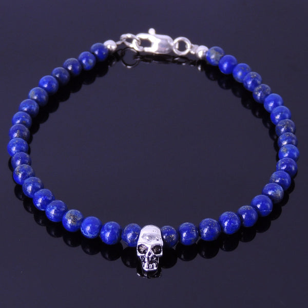 Handmade Men Women Gemstone Bracelet Lapis Lazuli 925 Stamped Sterling Silver Skull Clasp DiyNotion BR272