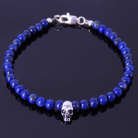 Handmade Men Women Gemstone Bracelet Lapis Lazuli 925 Stamped Sterling Silver Skull Clasp DiyNotion BR272