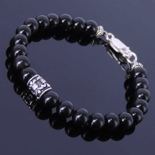 Men's Women Black Obsidian Sterling Silver Bracelet Gemstone 925 Fleur de Lis Bead DiyNotion Handmade BR279
