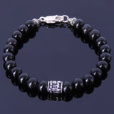 Men's Women Black Obsidian Sterling Silver Bracelet Gemstone 925 Fleur de Lis Bead DiyNotion Handmade BR279