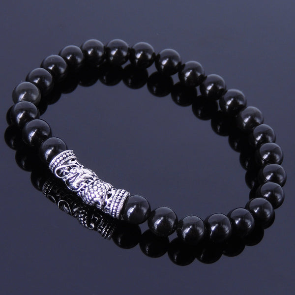 Handmade Men Women Gemston Bracelet Black Obsidian 925 Sterling Silver Dragon Charm DiyNotion BR276