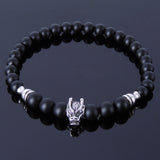 Men's Women Healing Gemstone Bracelet Matte Black Onyx S925 Sterling Silver Wolf BR282