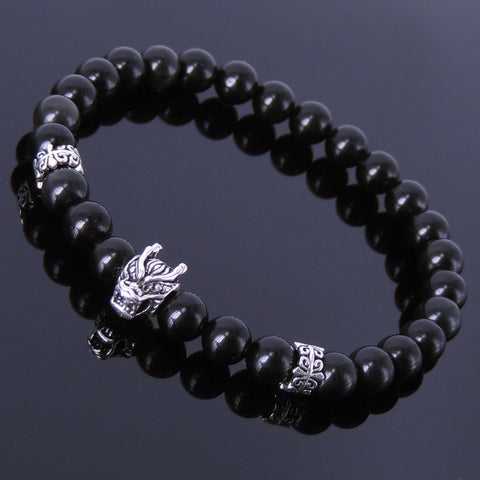 Handmade Men Women Gemstone Bracelet Black Obsidian Sterling Silver Wolf Spacers DiyNotion BR283