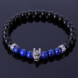 Handmade Men Women Gemstone Bracelet Black Obsidian Lapis Gemstone 925 Sterling Silver Wolf & Spacer DiyNotion BR284