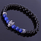 Handmade Men Women Gemstone Bracelet Black Obsidian Lapis Gemstone 925 Sterling Silver Wolf & Spacer DiyNotion BR284