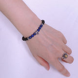 Handmade Men Women Gemstone Bracelet Black Obsidian Lapis Gemstone 925 Sterling Silver Wolf & Spacer DiyNotion BR284