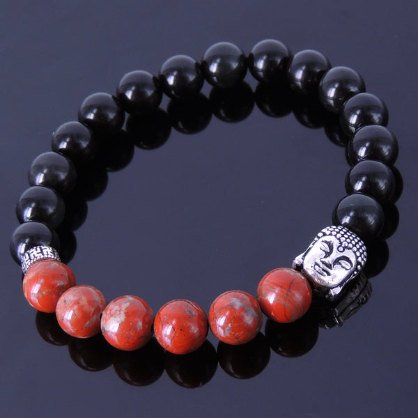 Mens' Women Black Obsidian Japser Stone Sterling Silver Bracelet 925 Buddha DiyNotion Handmade BR194
